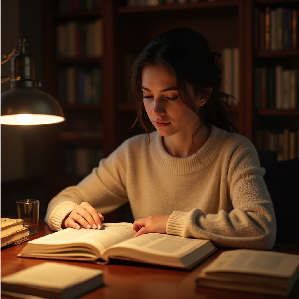 Человек изучает психологию принятия решений за столом с книгами
